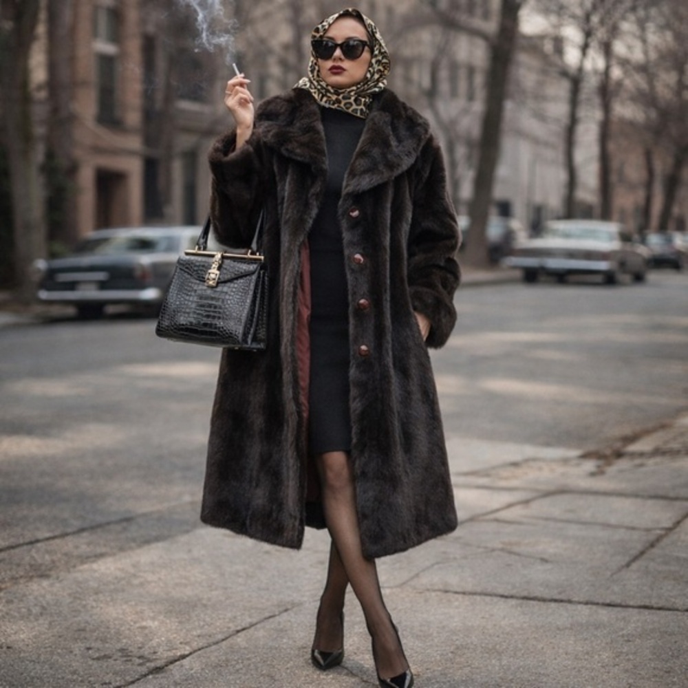 Vintage Brown Faux Fur L Coat Rich Espresso Glam Mob Wife Aesthetic Outerwear